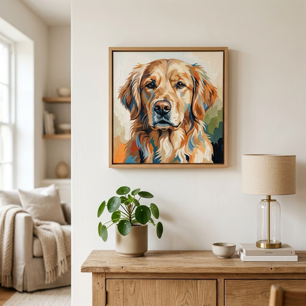 Finished custom paint by numbers portrait framed on a living room wall