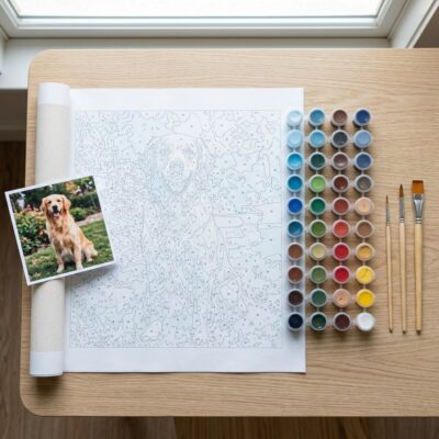 Custom paint by numbers kit contents: numbered canvas, acrylic paint set and three brushes
