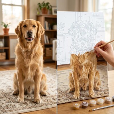 Pet photo turned into a paint by numbers canvas being painted