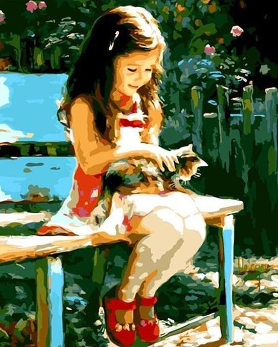 Cute Girl and Cat Paint by Numbers Kit - Painting By Number