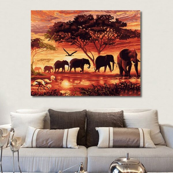 Elephants Sunset Landscape Paint by Numbers Kit - Painting By Number