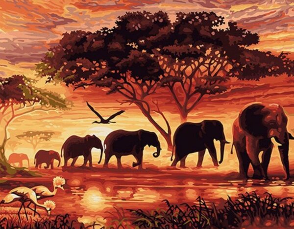 Elephants Sunset Landscape Paint by Numbers Kit - Painting By Number