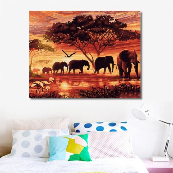 Elephants Sunset Landscape Paint by Numbers Kit - Painting By Number