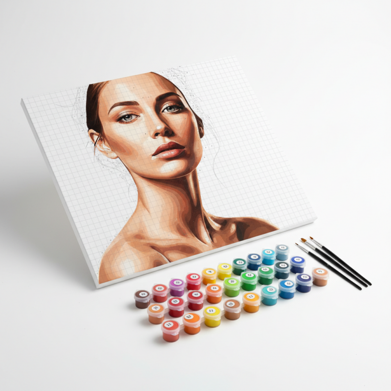 Custom paint by number kit with portrait canvas and paint pots on white background
