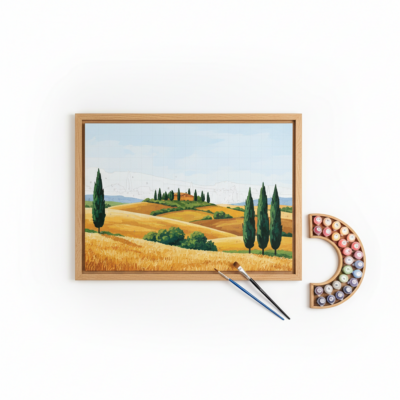 Framed paint by number kit with Tuscan landscape canvas and paint pots