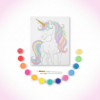 Unicorn paint by number kit for children with colorful canvas and paint pots