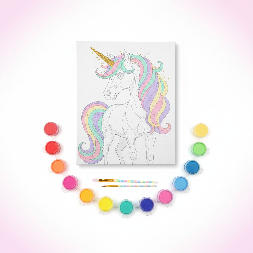 Unicorn paint by number kit for children with colorful canvas and paint pots