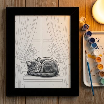 Chat Douillet à la Fenêtre - Kit Peinture par Numéros sur Velours