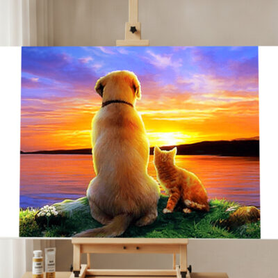 Kit de Peinture par Numéros Chien et Chat au Coucher de Soleil