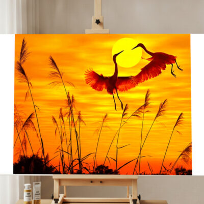 Kit Peinture par Numéros Paysage de Grues au Coucher du Soleil