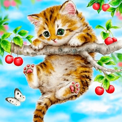 Baby Cat and Cherry Paint by Numbers Kit - DIY Art