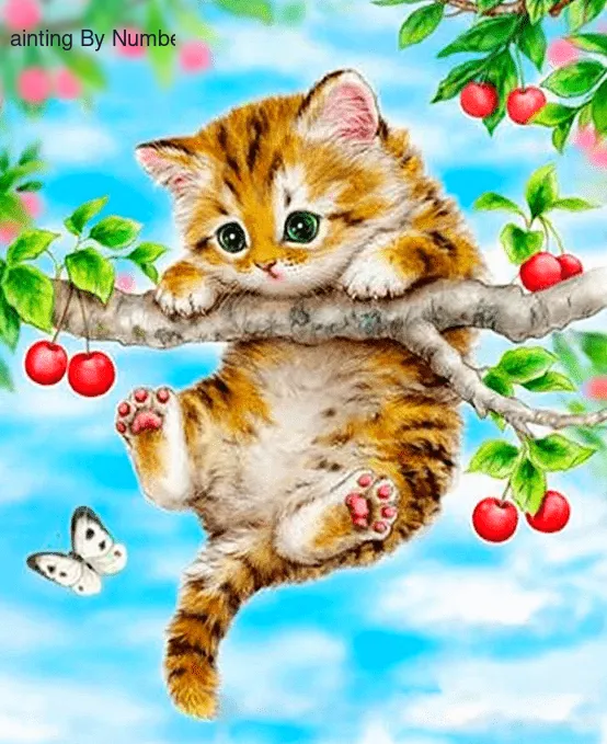 Baby Cat and Cherry Paint by Numbers Kit - DIY Art
